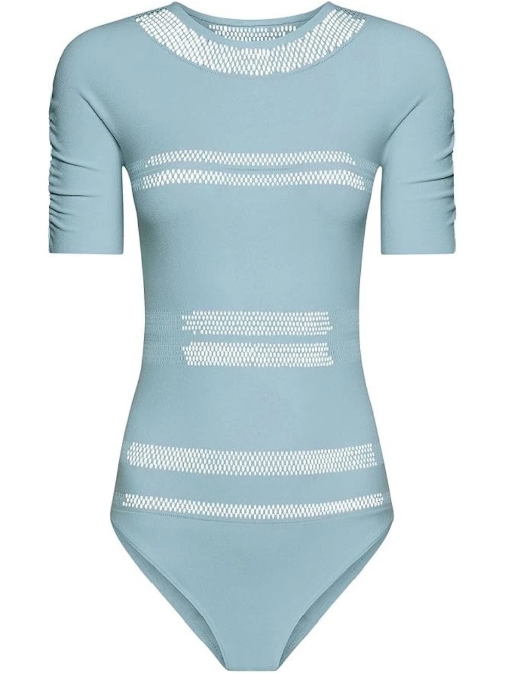 $370 Wolford Net Lines Bodysuit Sky Blue Short Sleeve Mesh Cutout Brushed XS